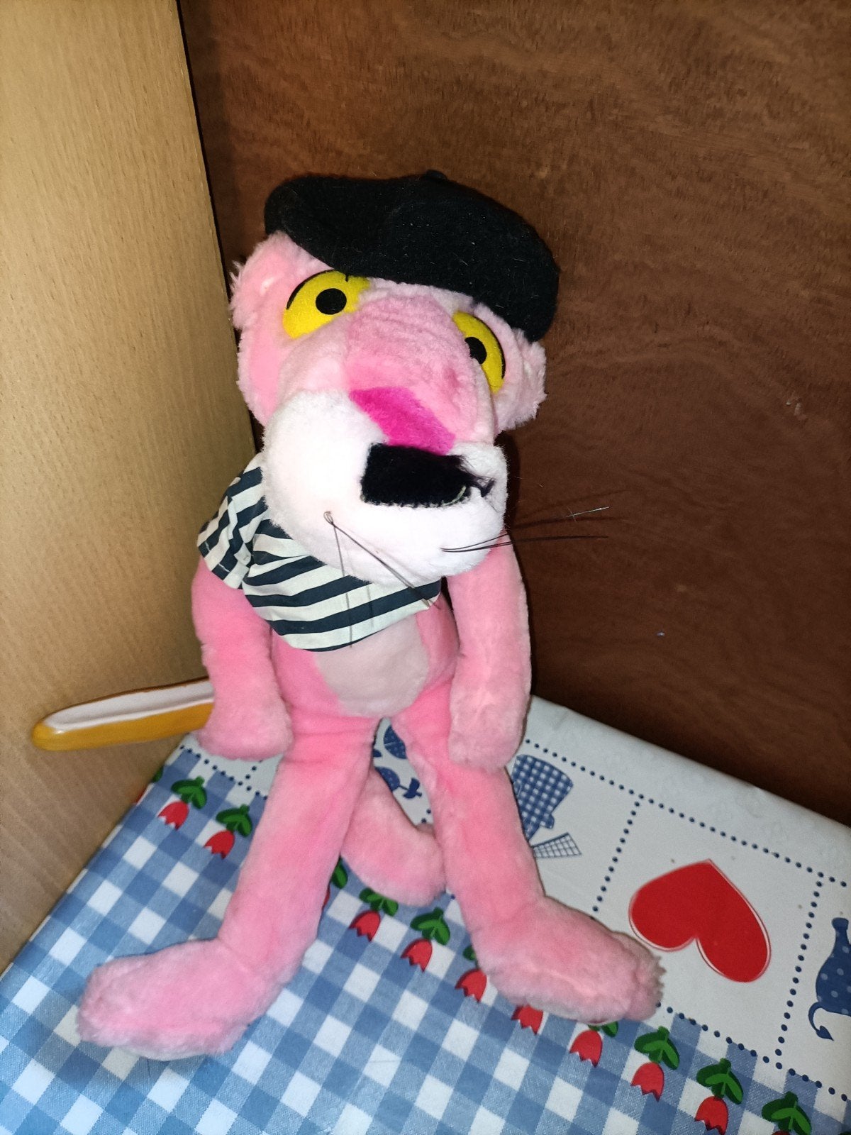 Pink Panter knuffel met alpino pet en stokbrood uit 1989, Ophalen of Verzenden