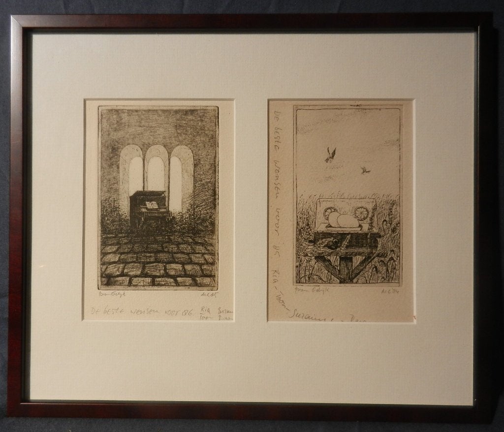 Twee etsen Nieuwjaarskaarten 1985 en 1986 door Toon Odijk, Antiek en Kunst, Kunst | Etsen en Gravures, Dagelijks leven, 27 cm