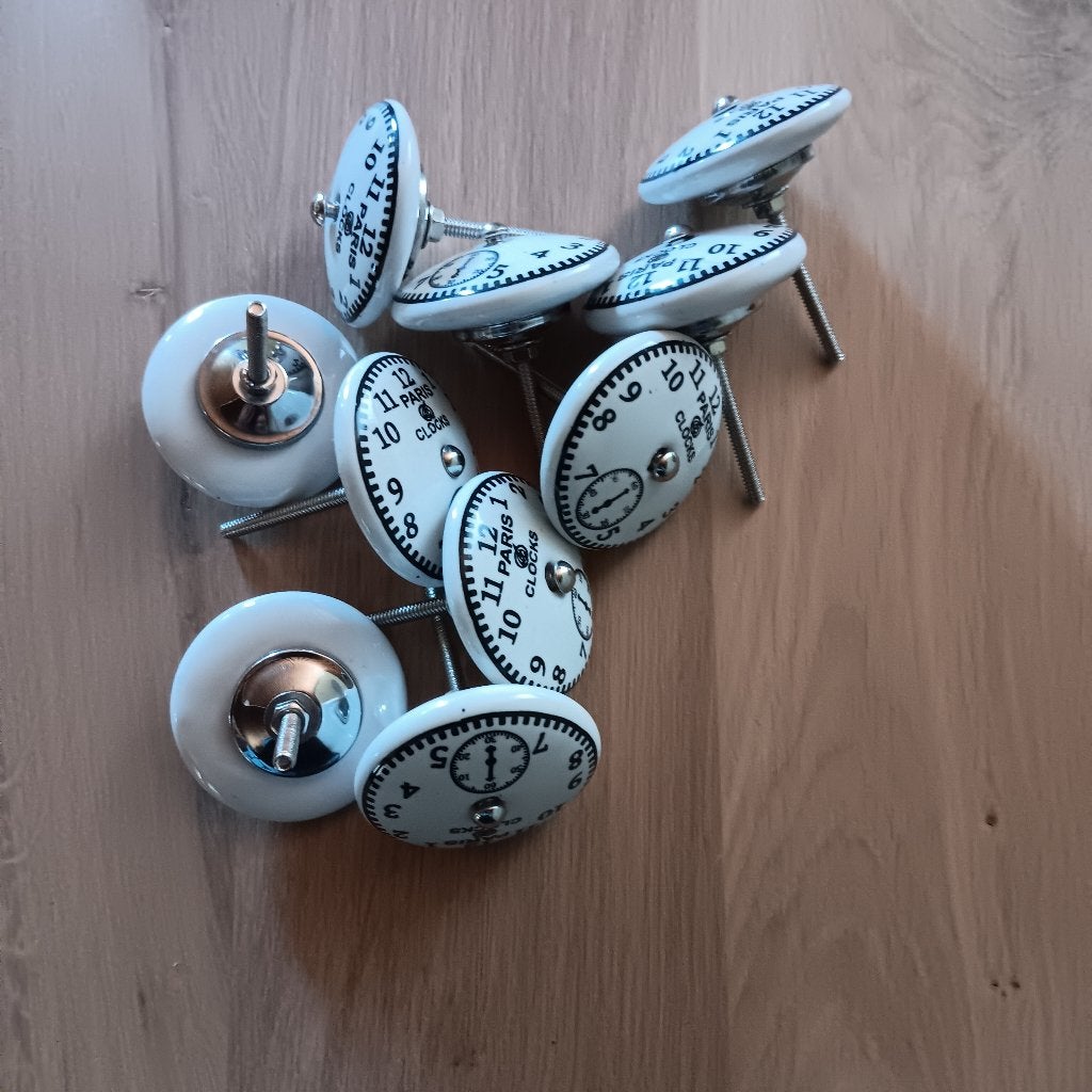 Set van 8 porseleinen kastknoppen 'Paris Clocks' - nieuw, Ophalen of Verzenden, Nieuw, Overige materialen, Overige typen