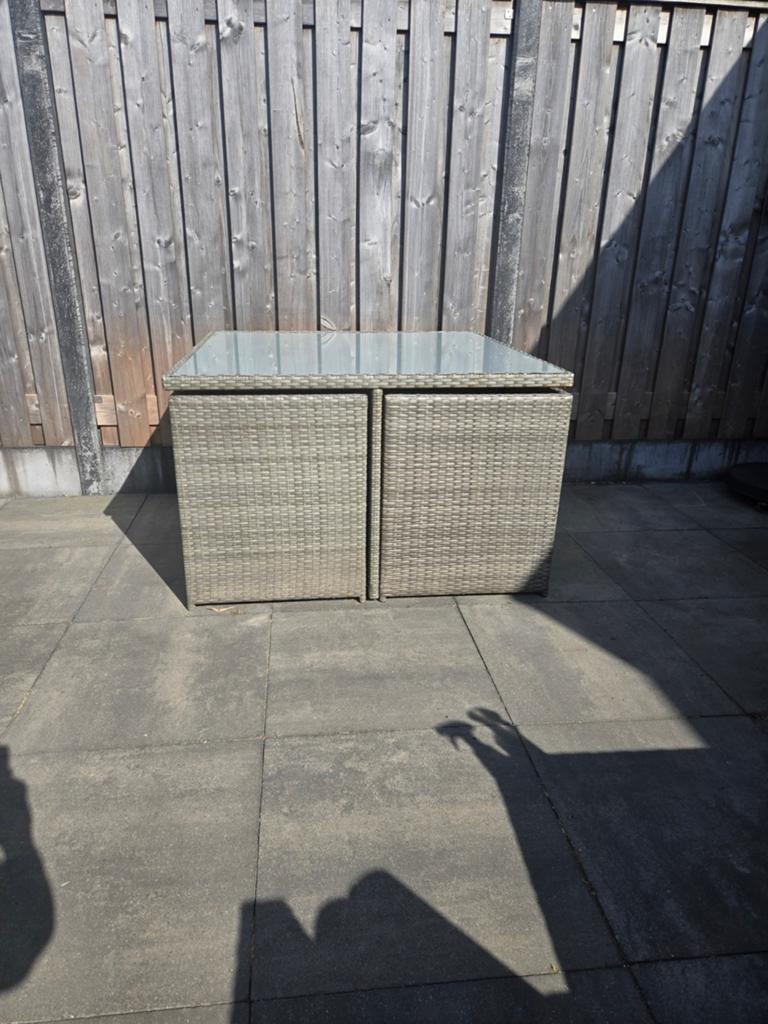 Compacte Wicker Tuintafel met 8 Stoelen en Kussens, Ophalen, Gebruikt, 8 zitplaatsen, Wicker