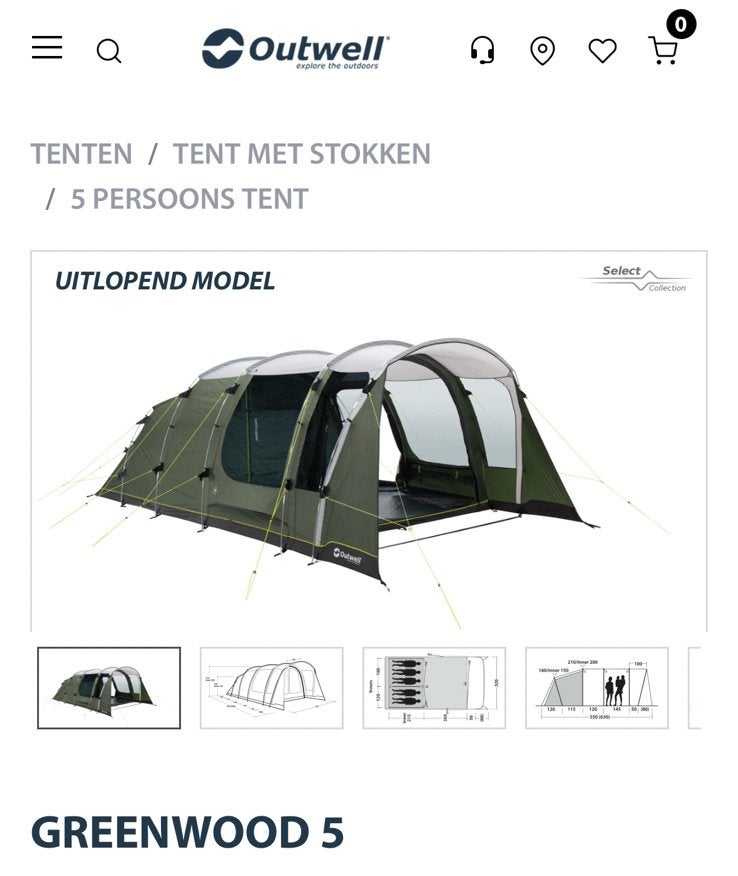 Outwell Greenwood 5 familietent - z.g.a.n. (2022), Ophalen, Zo goed als nieuw, Tot en met 4
