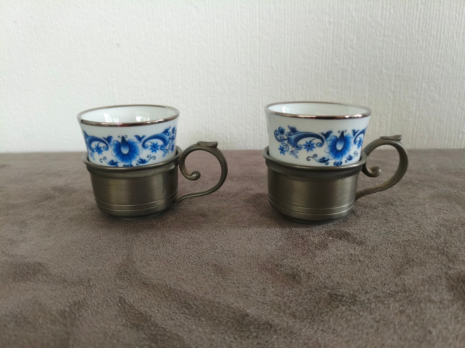 Vintage Mokka/Espresso Kopjes met Tinnen Houders - Bareuther, Antiek en Kunst, Ophalen of Verzenden