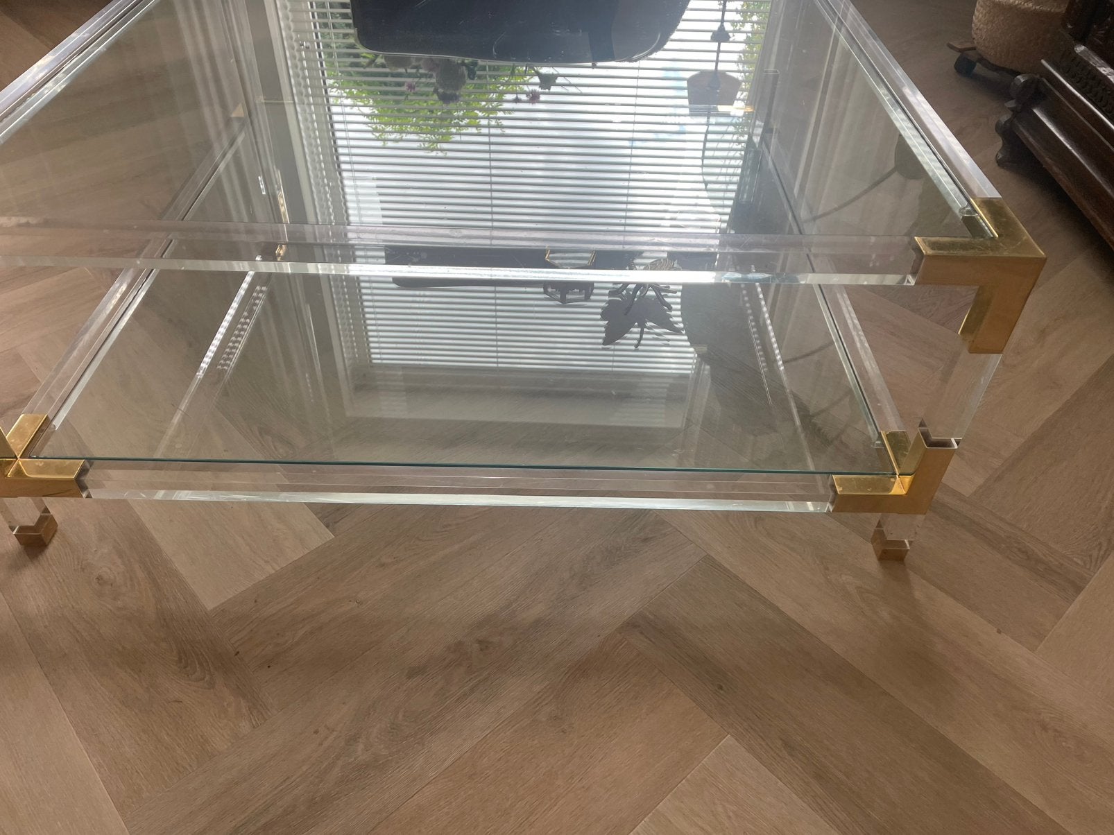 Glazen sallon tafel, Huis en Inrichting, Ophalen, Gebruikt, 50 tot 100 cm, Vierkant