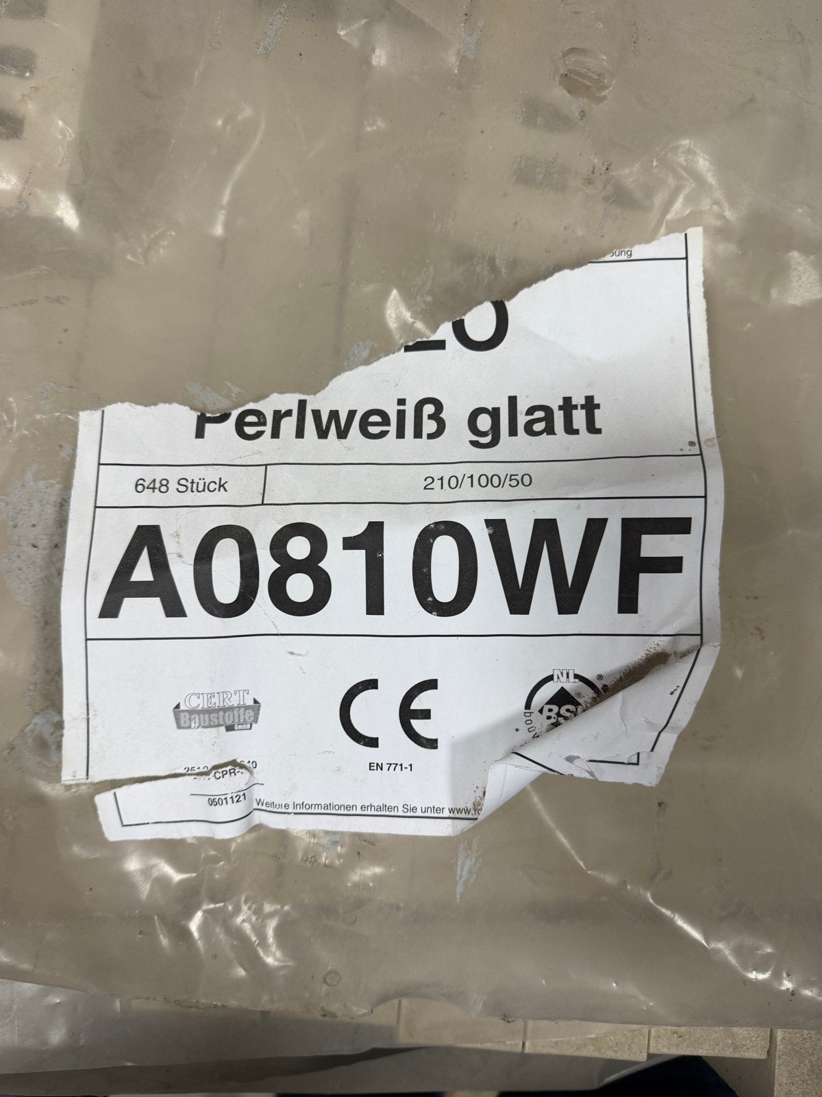 Nieuwe A0810WF Parelwit Gladde Bakstenen, Ophalen, Nieuw, Bakstenen