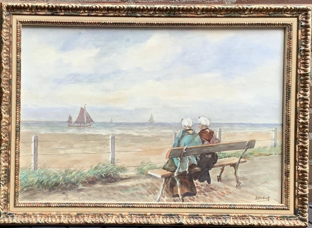A. Verbeek - Scheveningse visservrouwen op de uitkijk, Antiek en Kunst, Kunst | Schilderijen | Klassiek, Ophalen of Verzenden