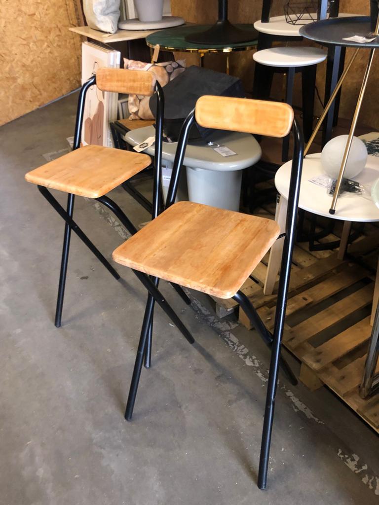 2 Inklapbare Barkrukken Hout en Metaal - Zithoogte 74cm, Huis en Inrichting, Barkrukken, Ophalen, Gebruikt, 60 tot 90 cm, Hout