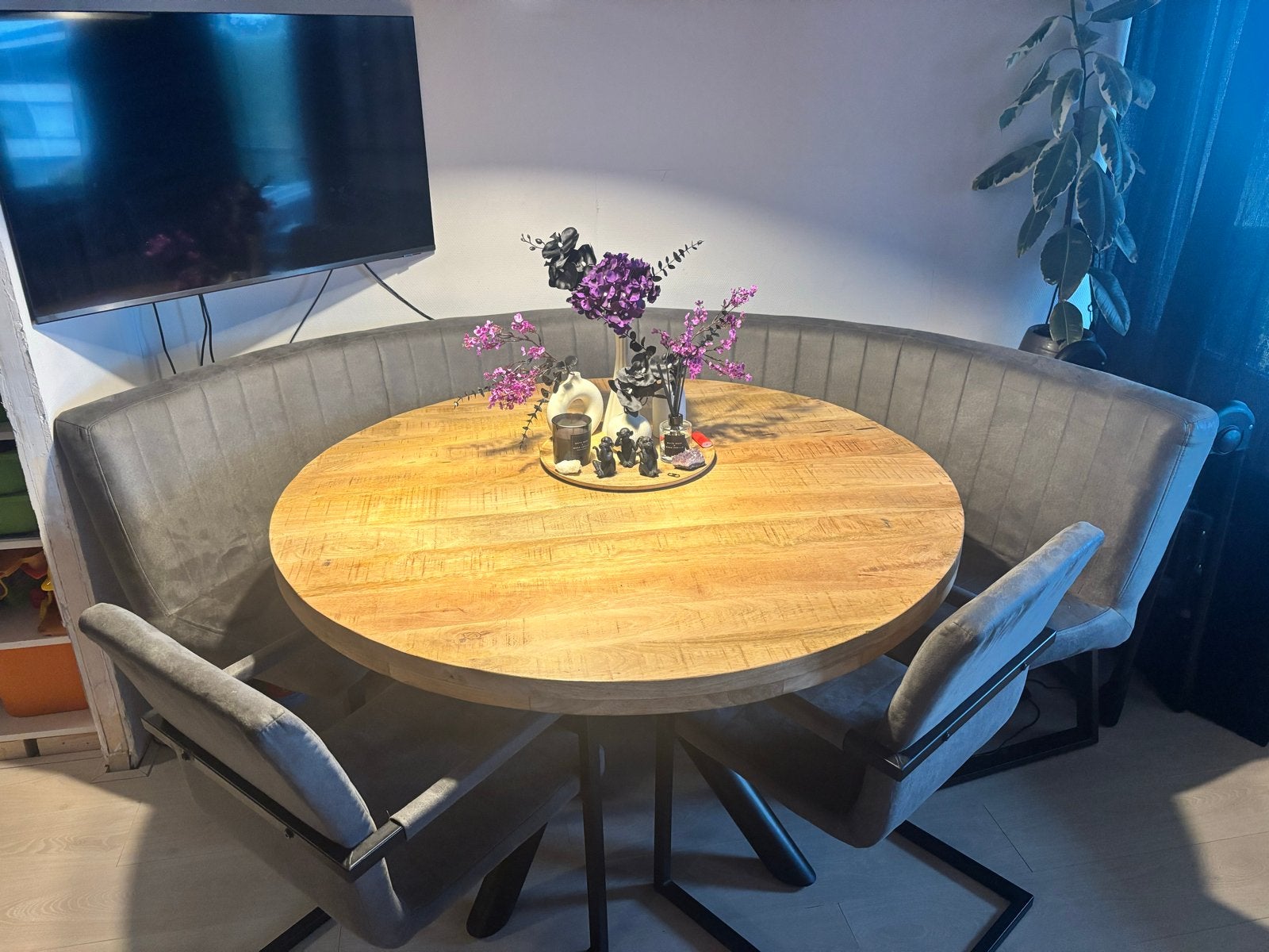 Complete mangohouten eet- en woonkamerset, Ophalen, 100 tot 150 cm, Rond, Zo goed als nieuw