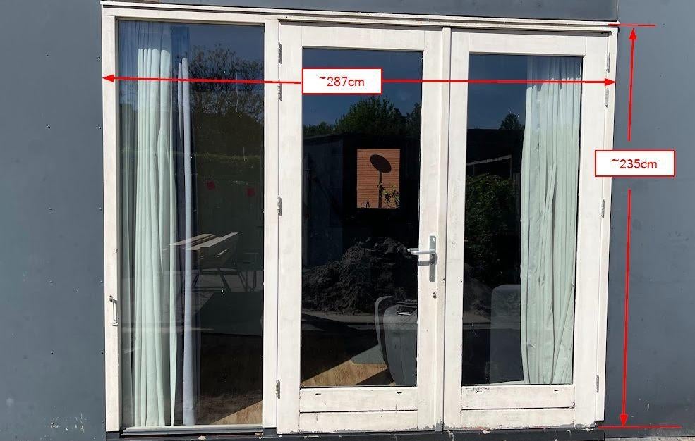 Dubbele tuindeuren met zijlicht & twee Ramen, Ophalen, Gebruikt, Buitendeur, Vouwdeur