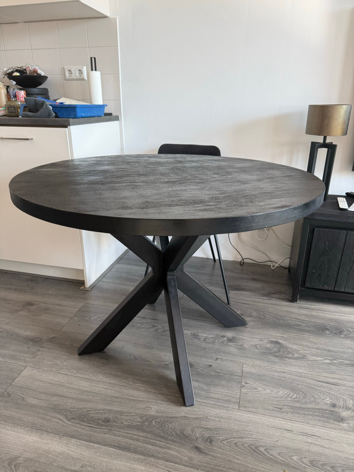 Ronde eettafel van mangohout, 120 cm - Zwart, Huis en Inrichting, Tafels | Eettafels, Ophalen, Gebruikt, 100 tot 150 cm, Rond