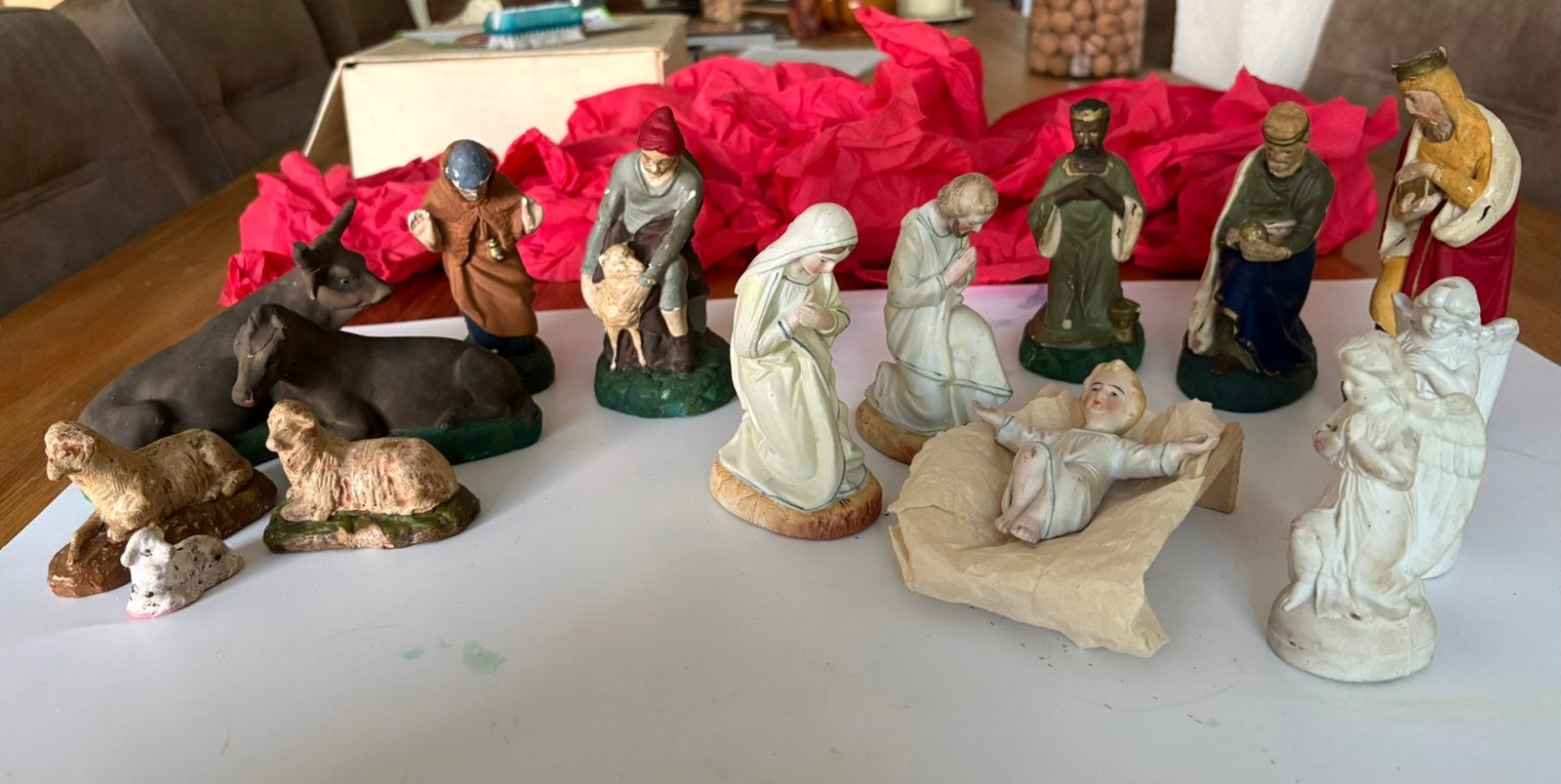 15-delige kerststal figuren ca 60 jaar oud, Ophalen of Verzenden, Gebruikt