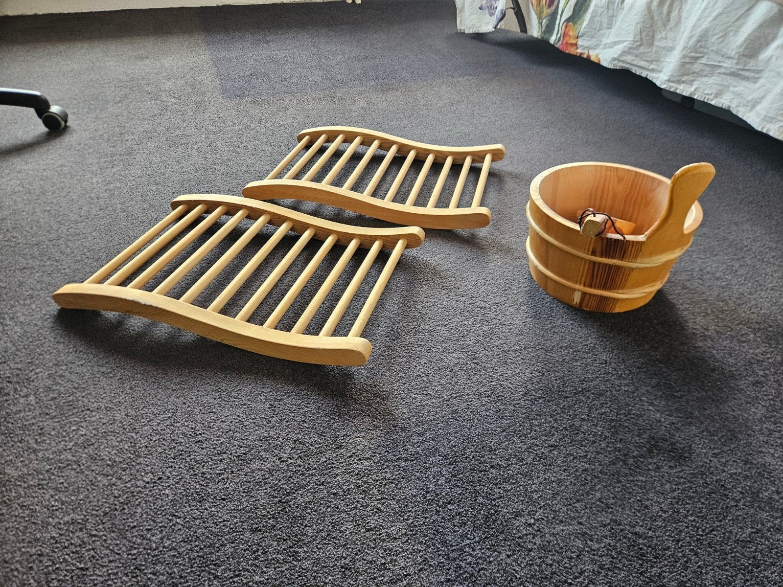 Sauna accessoires: houten emmer, lepel en rugsteunen, Ophalen of Verzenden, Zo goed als nieuw, Toebehoren