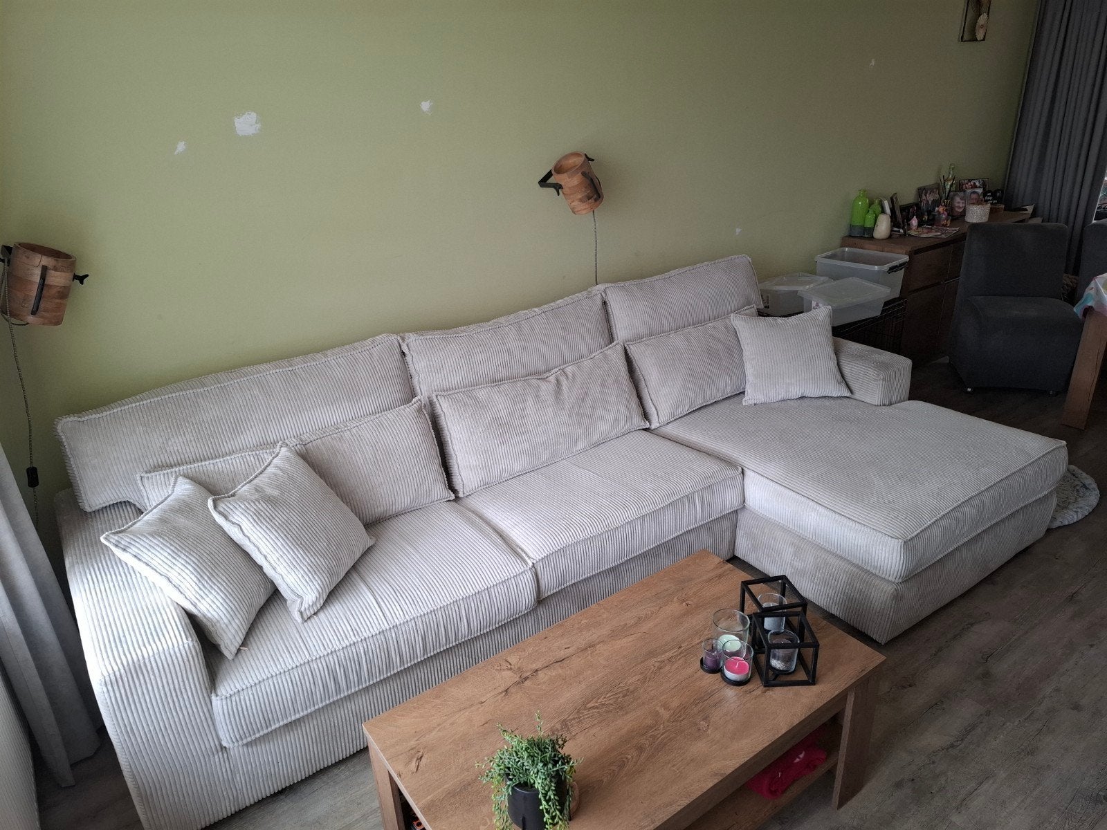 Grote ribstof hoekbank met loungegedeelte - 320x105x170cm, Huis en Inrichting, Ophalen, Gebruikt, Hoekbank, 300 cm of meer