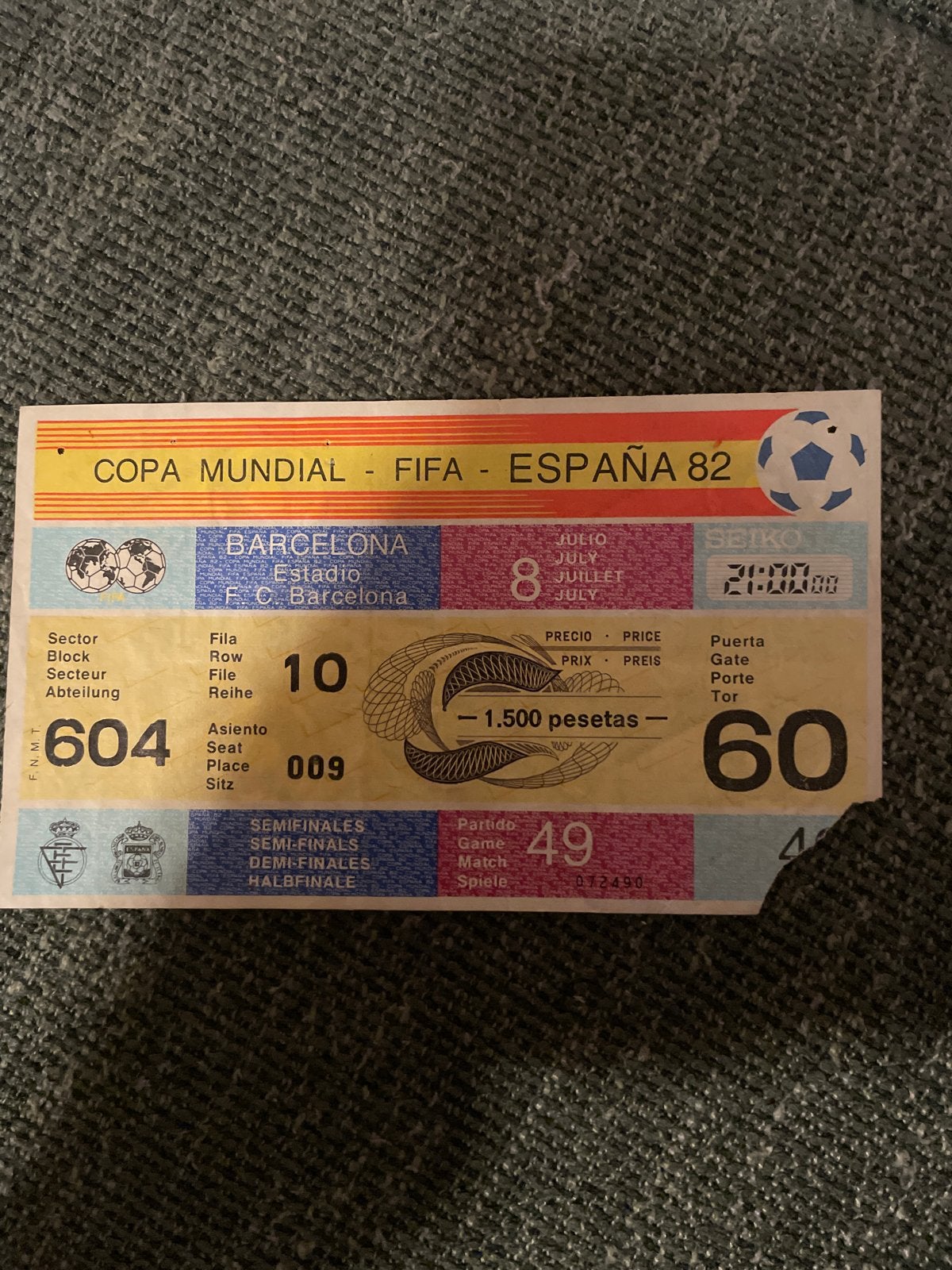 Ticket WK voetbal 1982 halve finale, Tickets en Kaartjes, Eén persoon