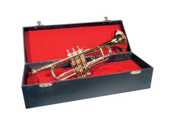 Miniatuur trompet met koffer, goud, 11 cm, Niet ingevuld, Niet ingevuld, Nieuw, Ophalen of Verzenden