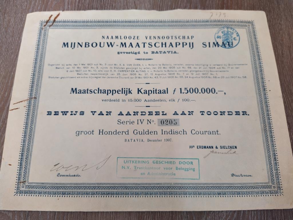 Aandeel "Mijnbouw-Maatschappij Simau", Postzegels en Munten, Aandelen en Waardepapieren, Ophalen, 1970 tot heden, Aandeel