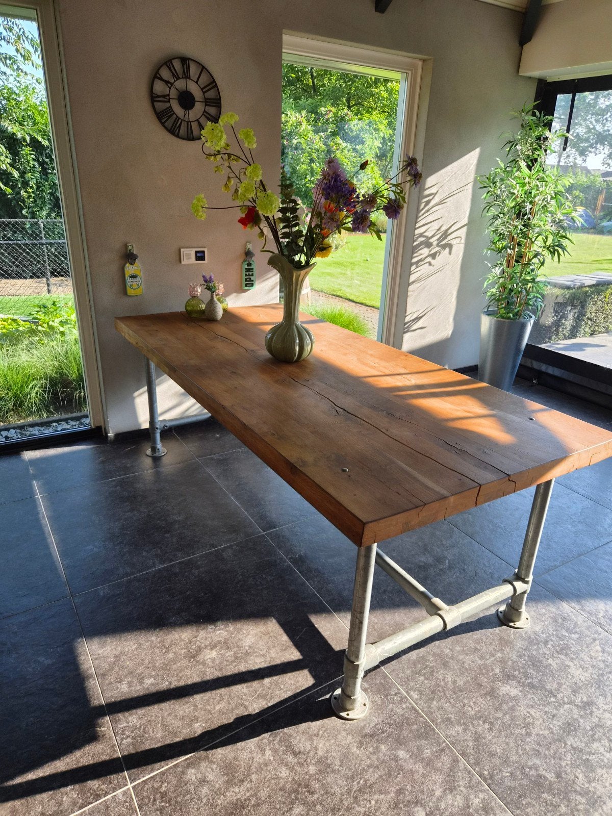 Massief eiken tuin/keuken tafel, Huis en Inrichting, Ophalen, Rechthoekig, 200 cm of meer, 50 tot 100 cm
