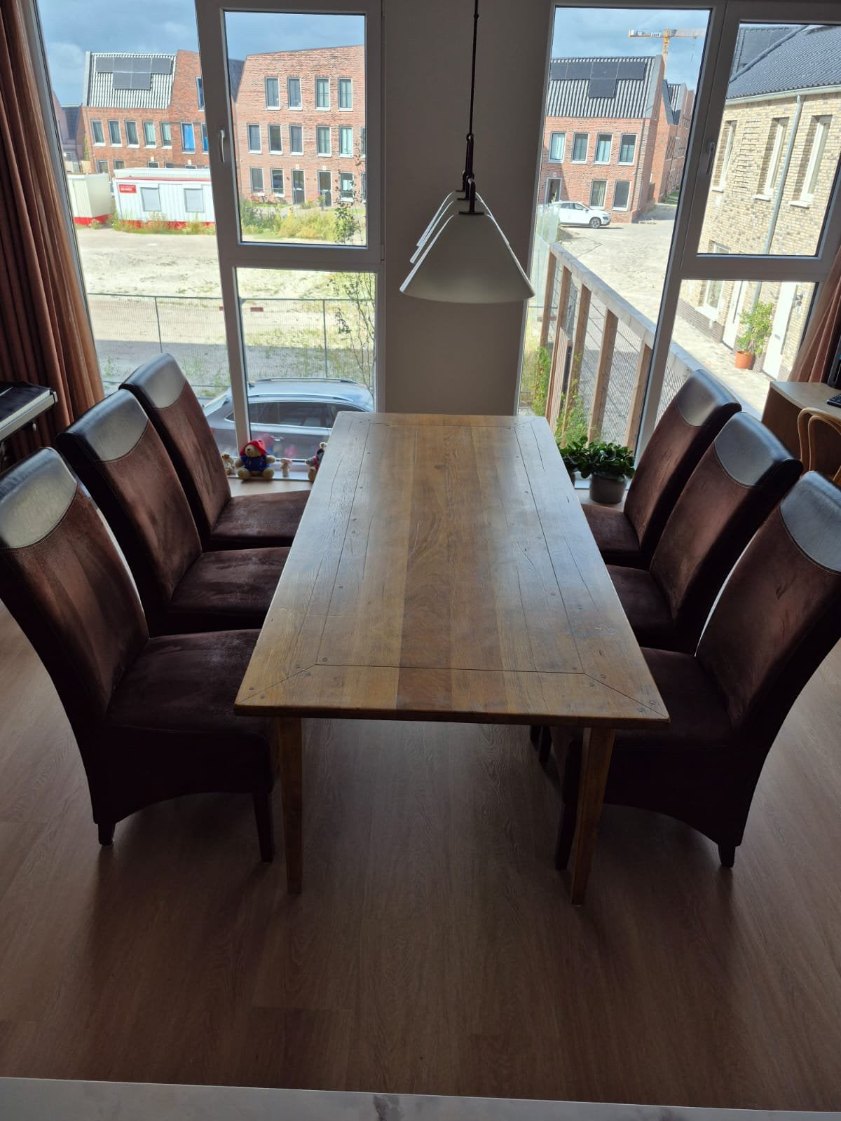 Eiken tafel en 6 stoelen, Ophalen, Gebruikt, Eikenhout, 50 tot 100 cm