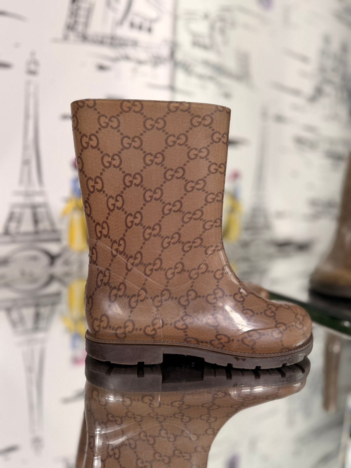 Gucci GG supreme bruine regenlaarzen maat 30, Gebruikt, Jongen of Meisje, Gucci EU, Laarzen
