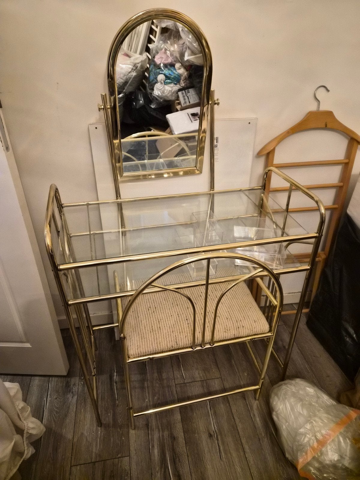 Art Deco Hollywood Regency Kaptafel Goud Glas, Huis en Inrichting, Ophalen, Gebruikt, Art Deco, Hollywood Regency, Metaal of Aluminium