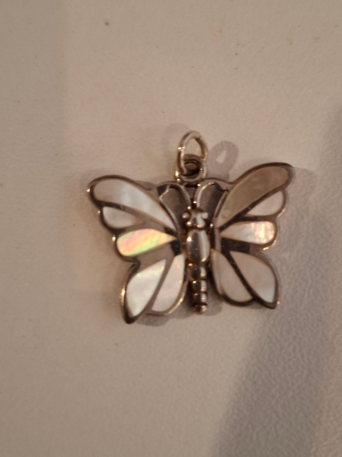 Zilver hanger,vlinder met parelmoer ingelegd, Verzenden, Zo goed als nieuw, Zilver, Zilver