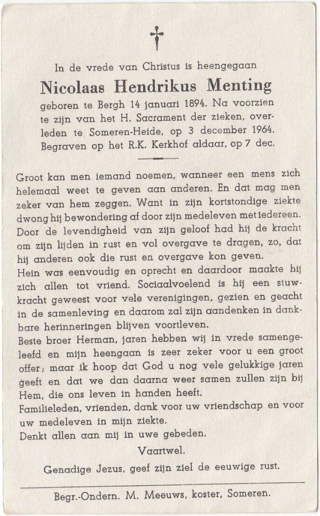 Nicolaas H. Menting 1894 Bergh + 1964 Someren-Heide, 70 jr, Verzenden