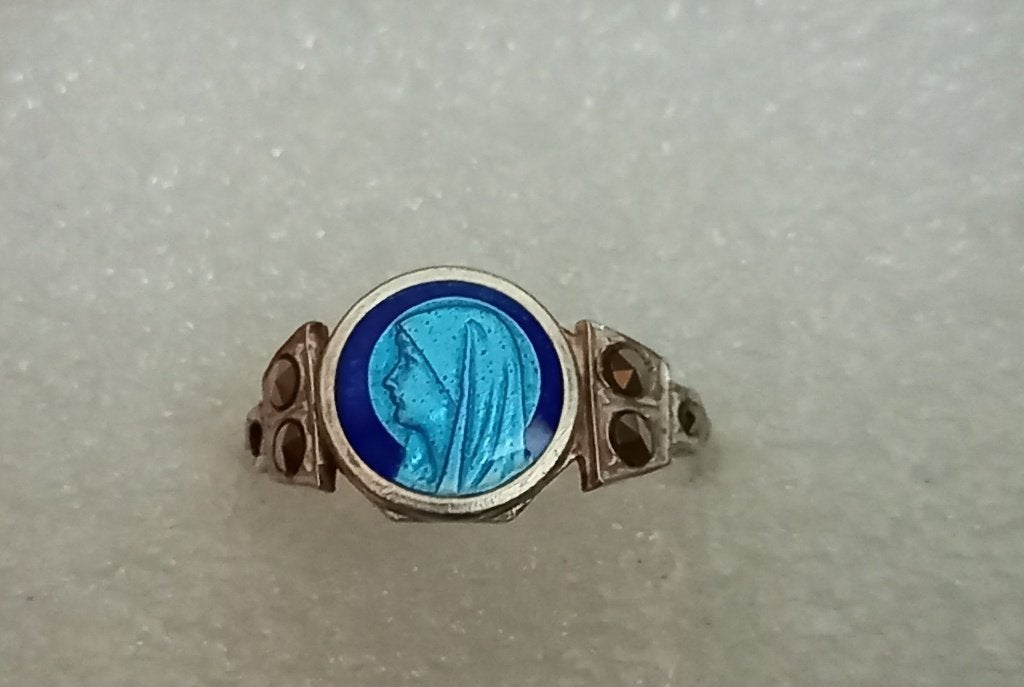 ring Zilver -Emaille Blauw- Markasiet-Heilige Maagd Maria, Verzenden, Zilver, Ring, Met edelsteen