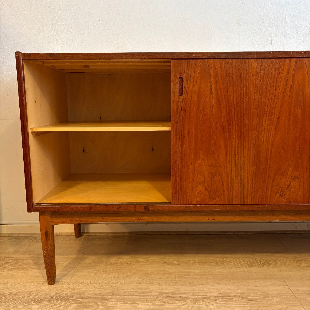 Dressoir met 3 laden en 2 schuifdeuren in teak, Ophalen, Gebruikt, 150 tot 200 cm, Teakhout