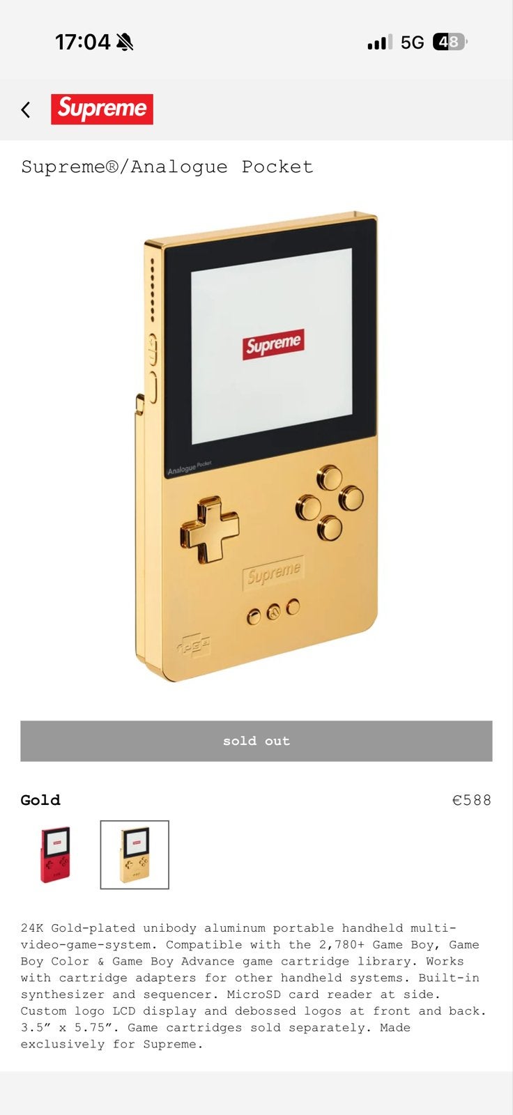Supreme x Analogue Pocket 24K, Spelcomputers en Games, Ophalen of Verzenden, Nieuw, Overige modellen