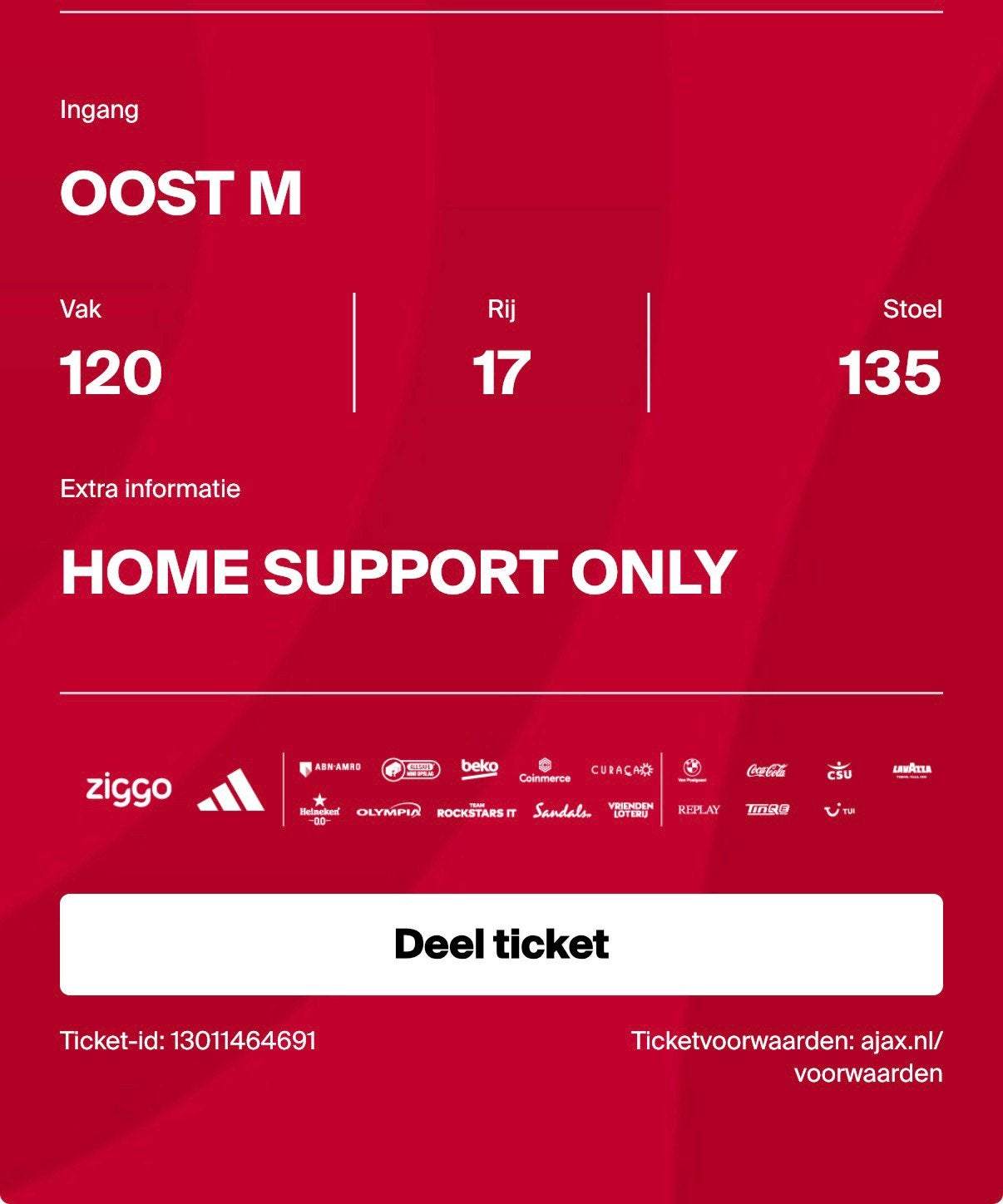 2 tickets Ajax - Shelbourne (Vak 120!), Eén persoon