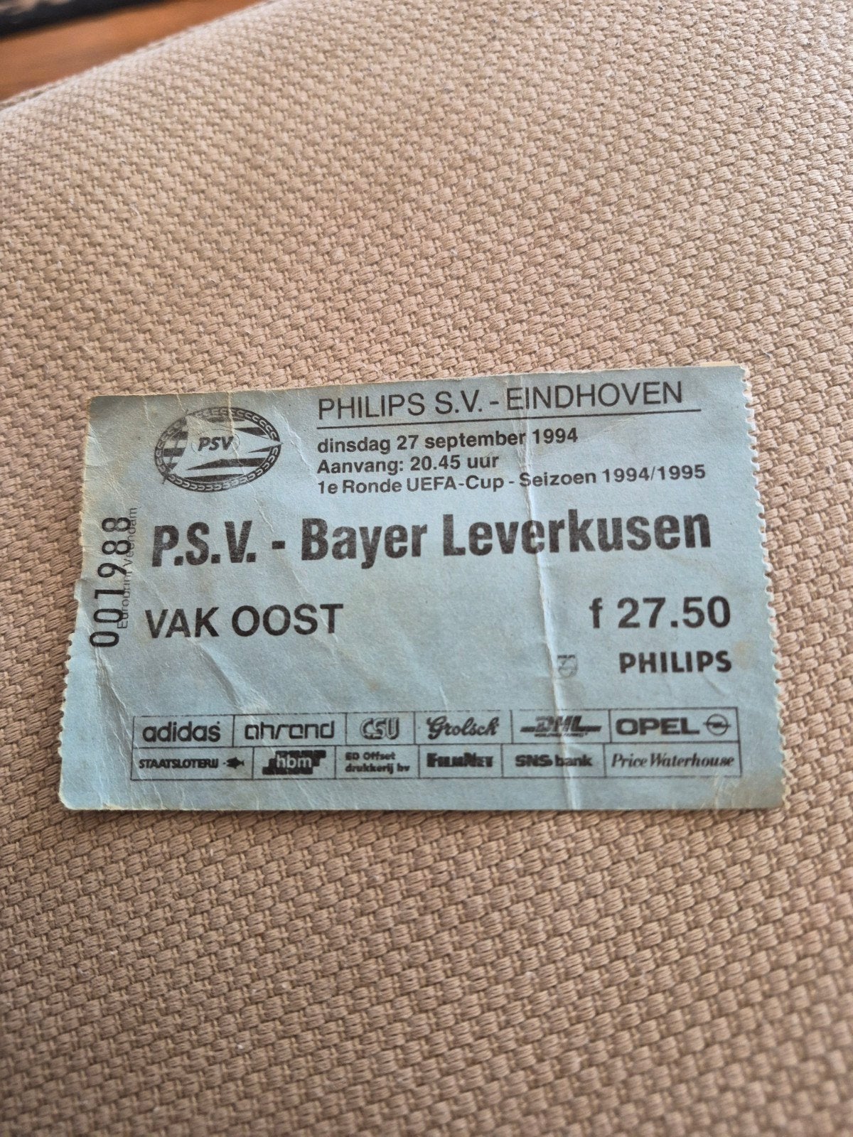Ticket PSV - Bayer Leverkusen, Ophalen of Verzenden, Gebruikt, PSV, Overige typen