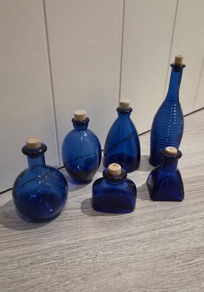 Setje vintage kobalt blauwe flesjes, Ophalen of Verzenden