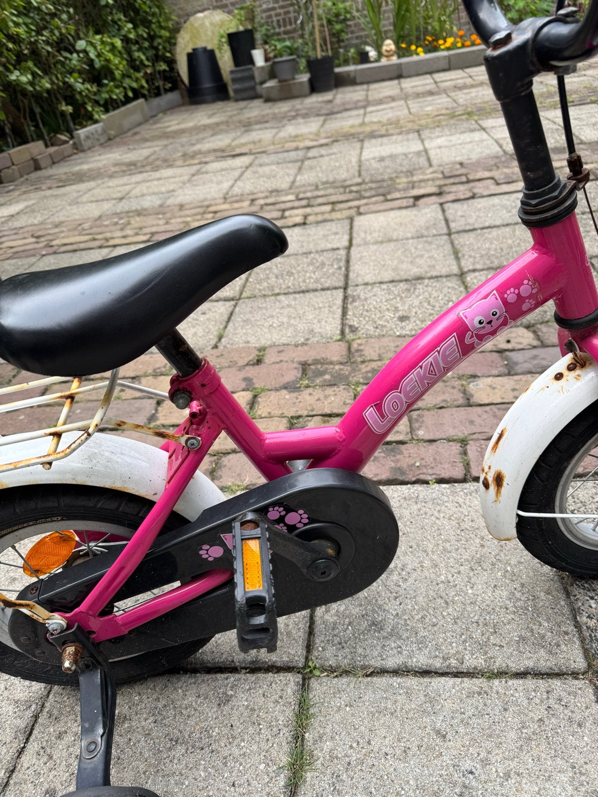 Loekie kinderfiets 12 inch - Roze met zijwieltjes, Ophalen, Terugtraprem, Zijwieltjes, Gebruikt
