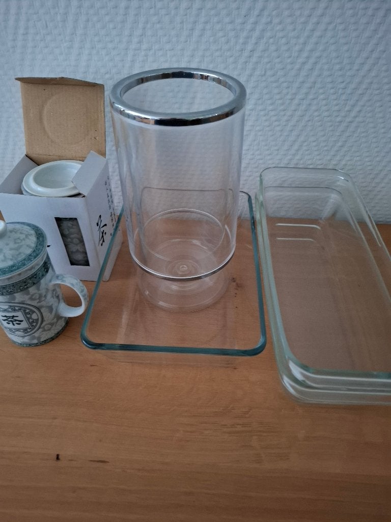Wijnkoeler, Cakevorm Glas, Ovenschaal, Theemok met deksel, Ophalen of Verzenden, Gebruikt