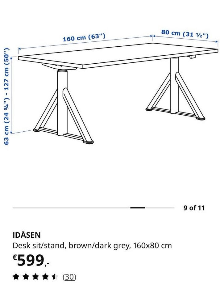 IKEA Idasen stand/sit desk dark brown/beige legs 80x160cm, Ophalen, Zit-sta bureau, 160 cm, Hout