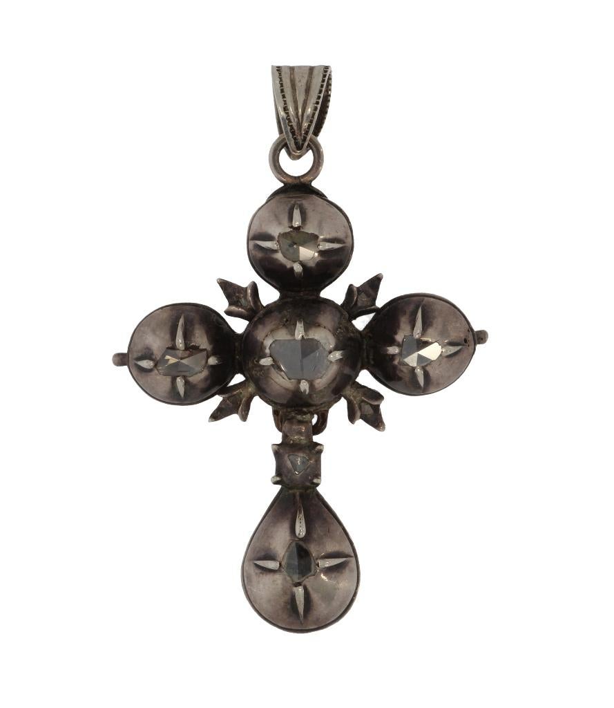 Diamanten fraai antieke kruis ketting hanger zilver groot