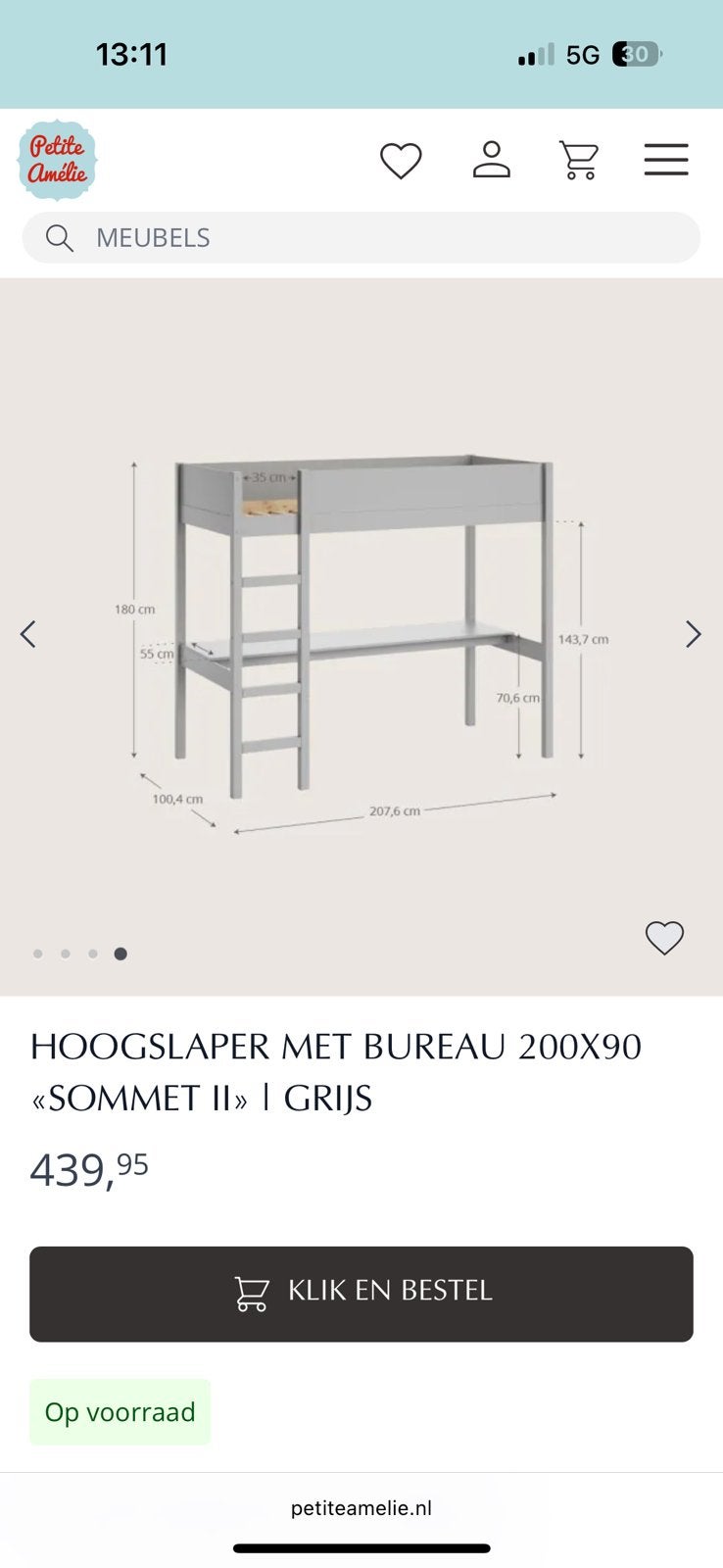 Hoogslaper petite amelie 200x90, Ophalen, Eenpersoons, Zo goed als nieuw, 90 cm