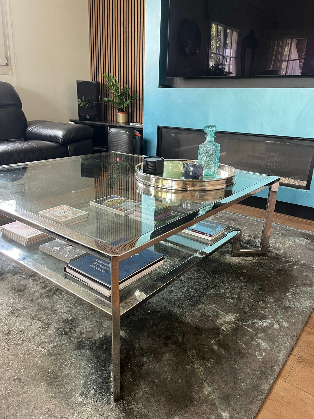 Glazen salontafel met chromen onderstel, Huis en Inrichting, Tafels | Salontafels, Gebruikt, Vierkant, Glas, Minder dan 50 cm