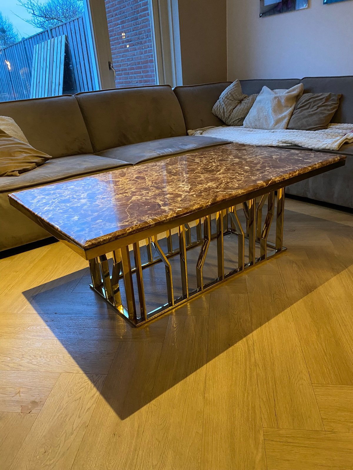 Eettafel + salontafel bruin marmer met gouden poten, Ophalen, Zo goed als nieuw, Rechthoekig, 50 tot 100 cm