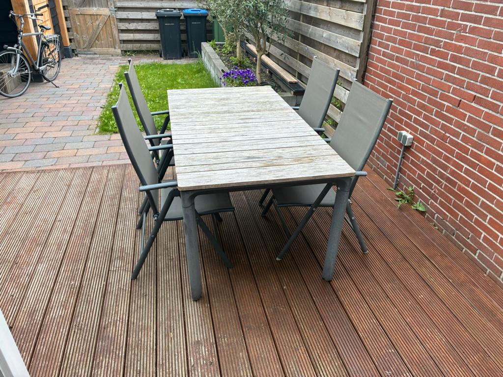 Terrastafelset met 4 klapstoelen, Ophalen, Gebruikt, Aluminium, Verstelbaar