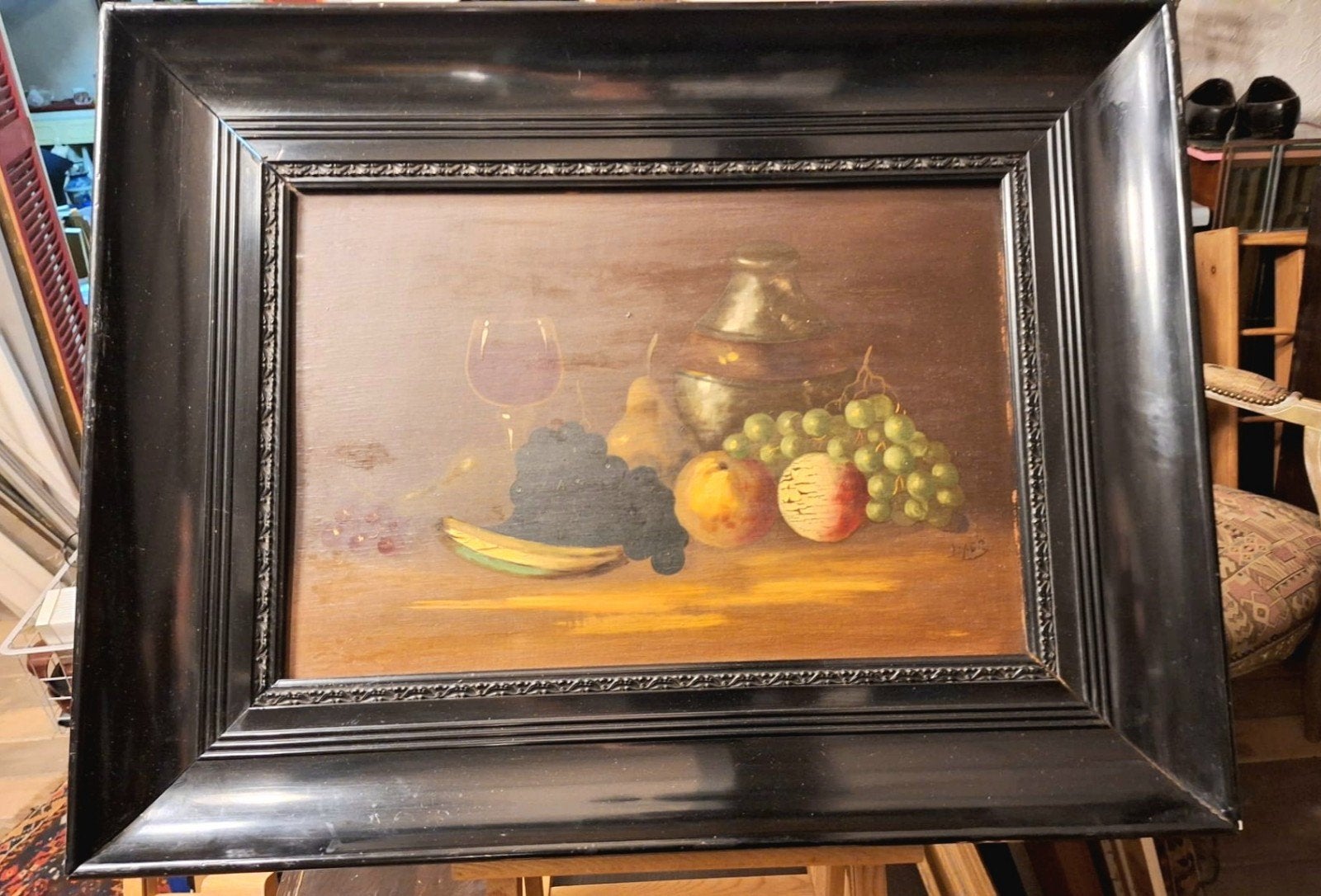 Klassiek stilleven met fruit en wijn, Antiek en Kunst, Doek, Origineel werk, Stilleven, Ophalen of Verzenden