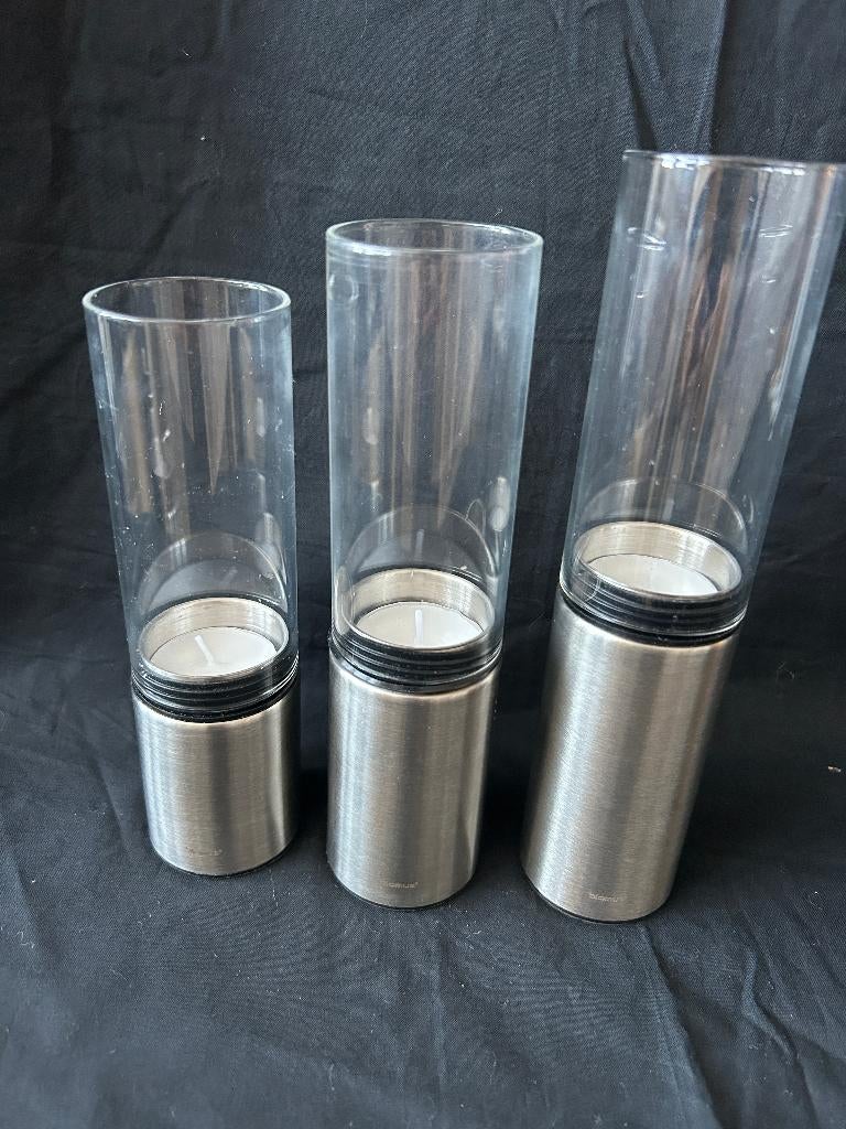 3 BLOMUS waxine houders / windlichtjes RVS - glas, Ophalen of Verzenden, Gebruikt, Overige materialen, Kandelaar