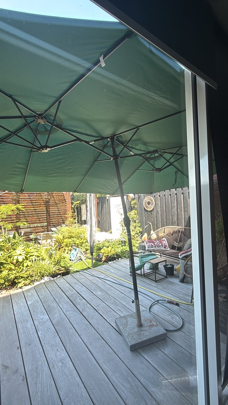 Tectake Dubbele Parasol Silia (460x270 cm) Groen - Z.G.A.N., Tuin en Terras, Parasols, Zo goed als nieuw, Stokparasol, Meer dan 4 meter