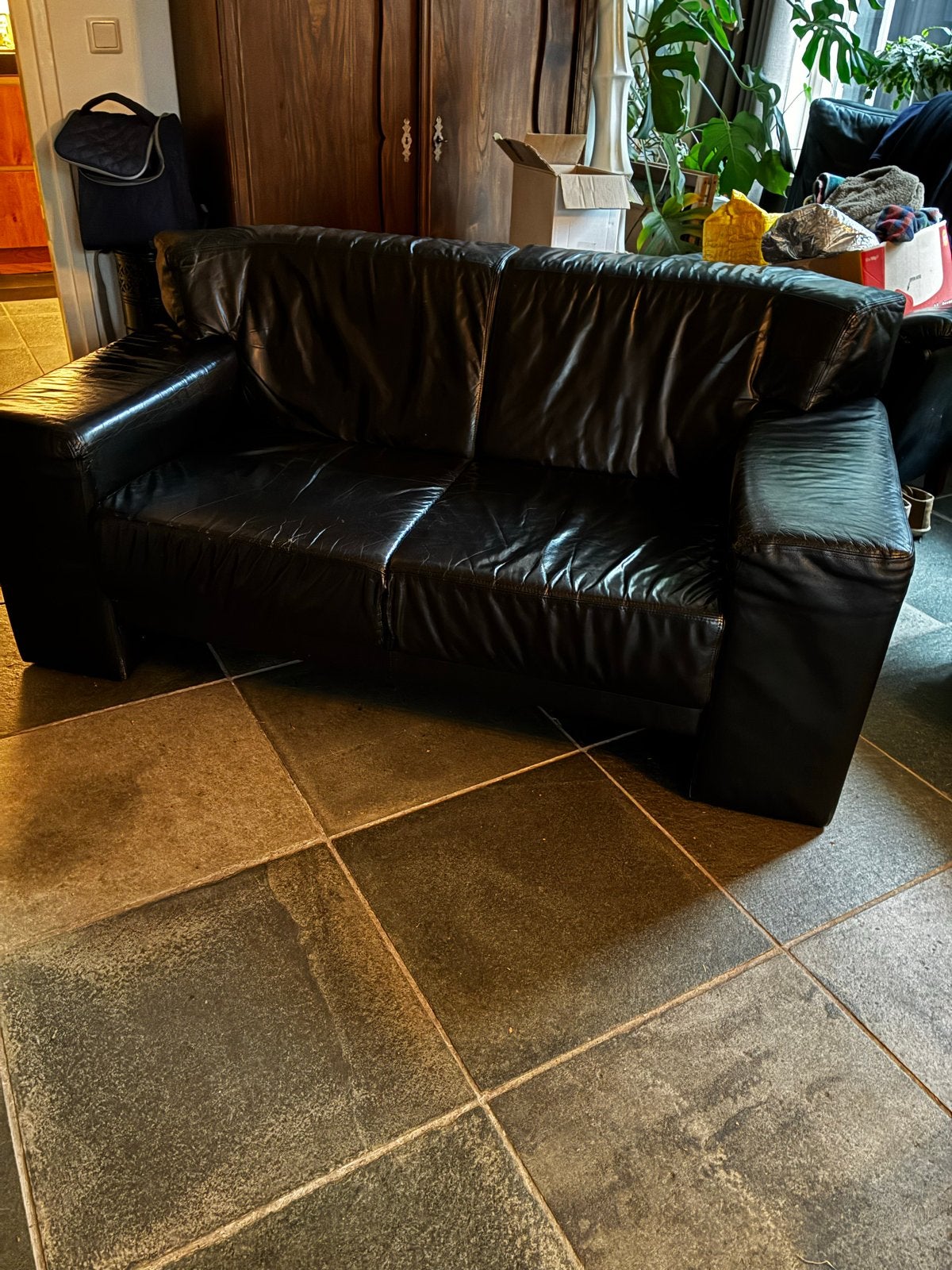 Zwarte leren tweezitsbank - vintage, Ophalen, Gebruikt, 150 tot 200 cm, Tweepersoons