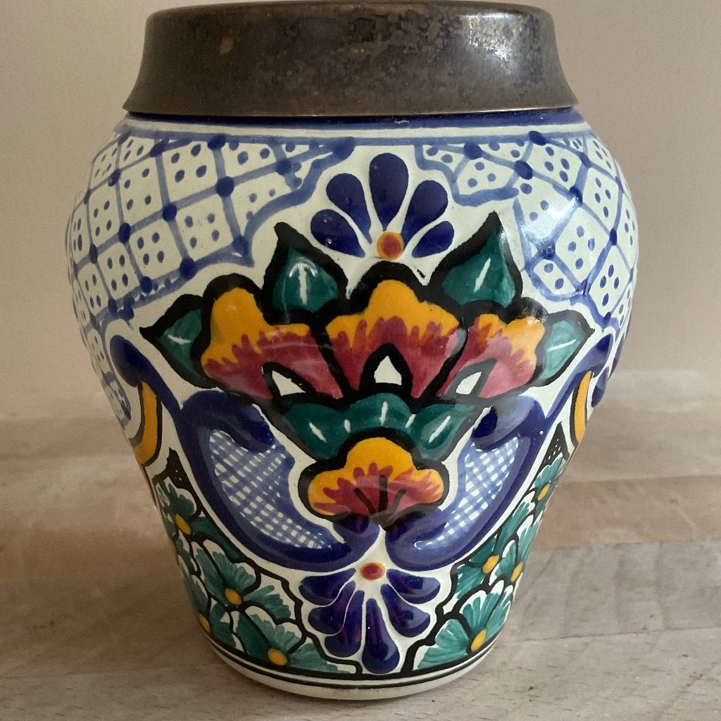 Mexicaanse Talavera vaas met metalen rand handbeschilderd, Verzenden