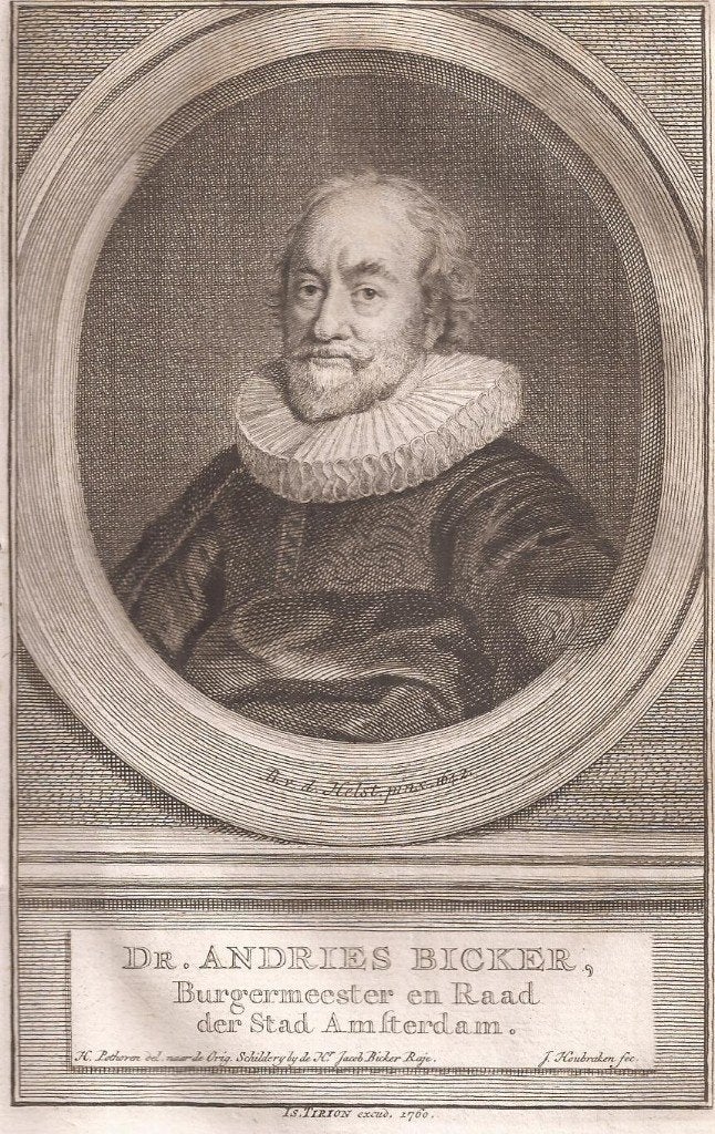Portret Dr. Andries Bicker, Burgemeester en Raad Amsterdam, Portret, Ophalen of Verzenden, 1700 - 1799, Gravure