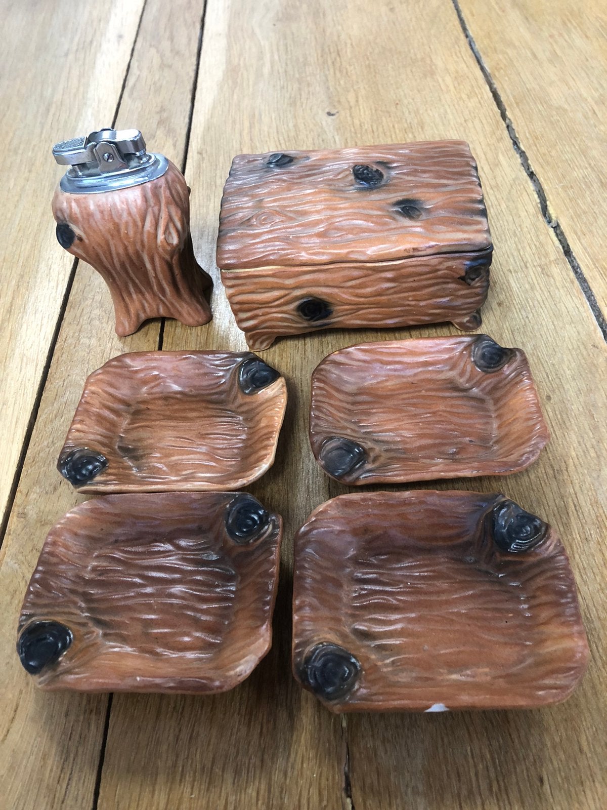 Vintage keramische rookset uit de jaren 70 met houteffect, Antiek en Kunst, Antiek | Keramiek en Aardewerk, Ophalen of Verzenden