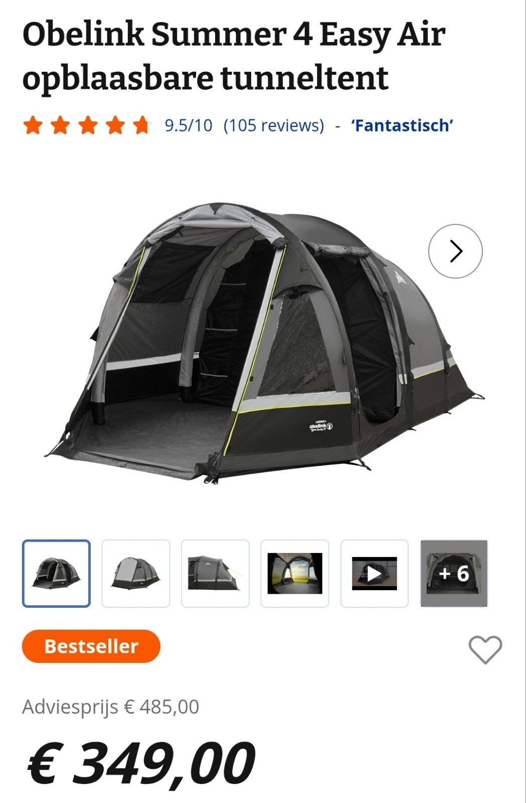 Obelink Summer 4 Easy Air opblaasbare tunneltent, Caravans en Kamperen, Tenten, Ophalen of Verzenden, Zo goed als nieuw, Tot en met 4