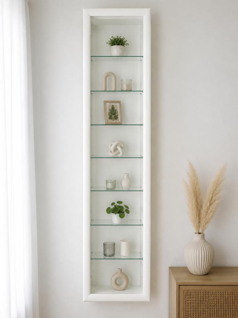 Smalle wandvitrinekast met glazen planken, Huis en Inrichting, Kasten | Vitrinekasten, Ophalen, Met plank(en), 50 tot 100 cm, 150 tot 200 cm