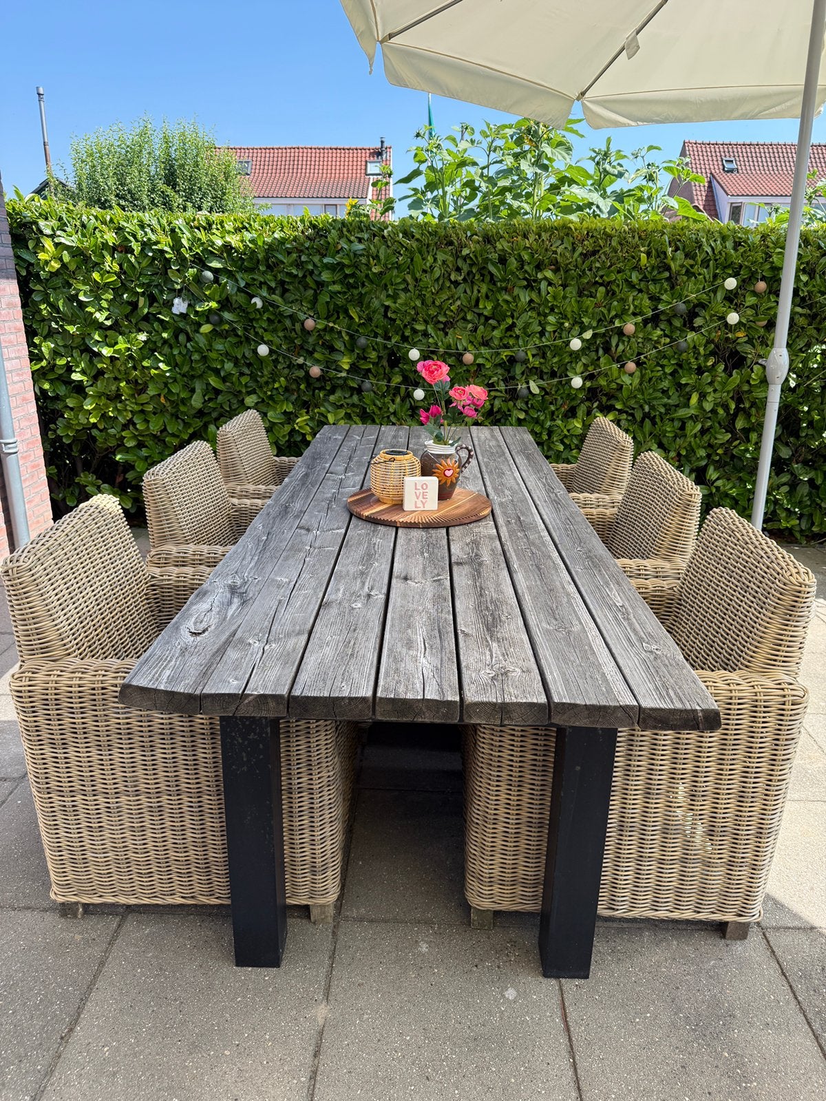 Wicker tuinstoelen met kussens - Beach 7 & Tuintafel 2.70, Tuin en Terras, Ophalen, Gebruikt, 6 zitplaatsen, Wicker