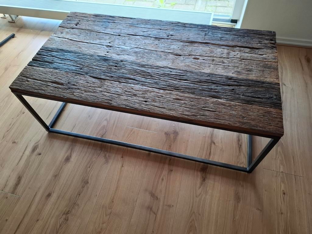 Stoere Salontafel stalen frame met driftwood planken, Ophalen, 100 tot 150 cm, 50 tot 100 cm, Minder dan 50 cm